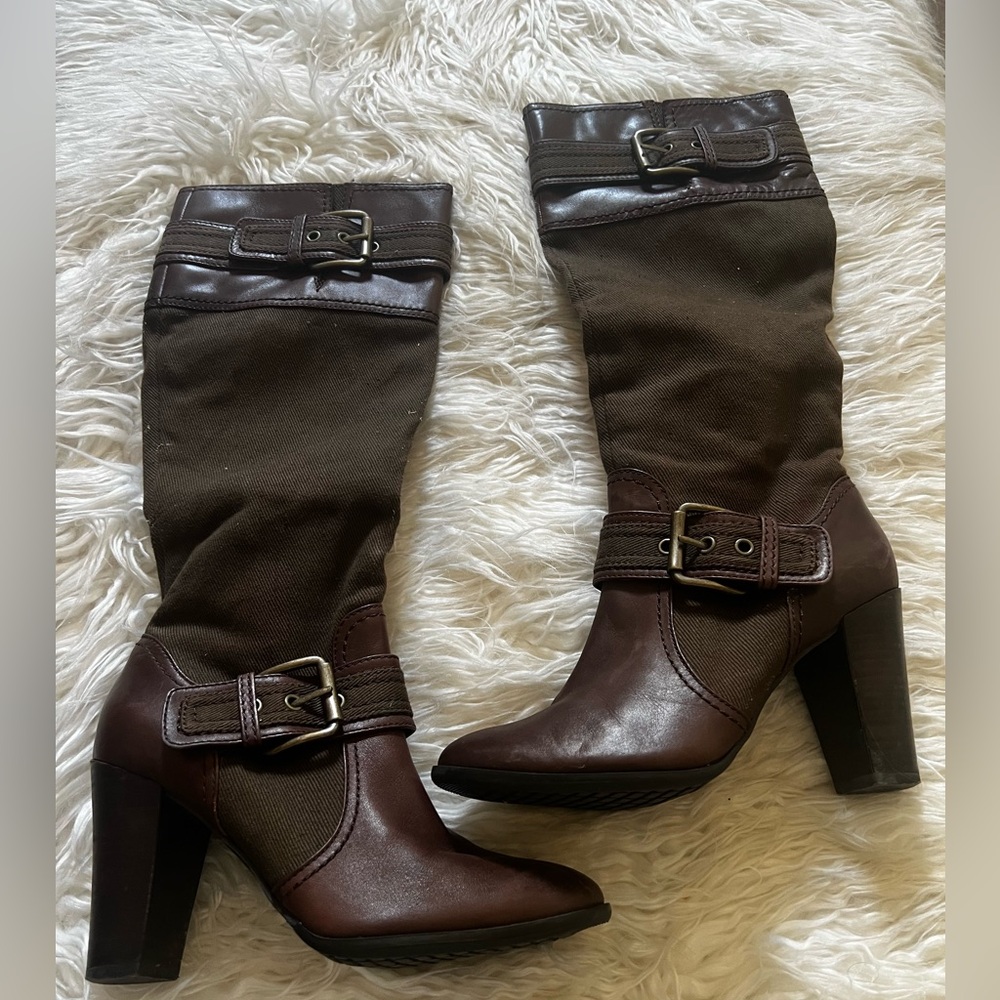 Brown knee high boots, faux leather and canvas